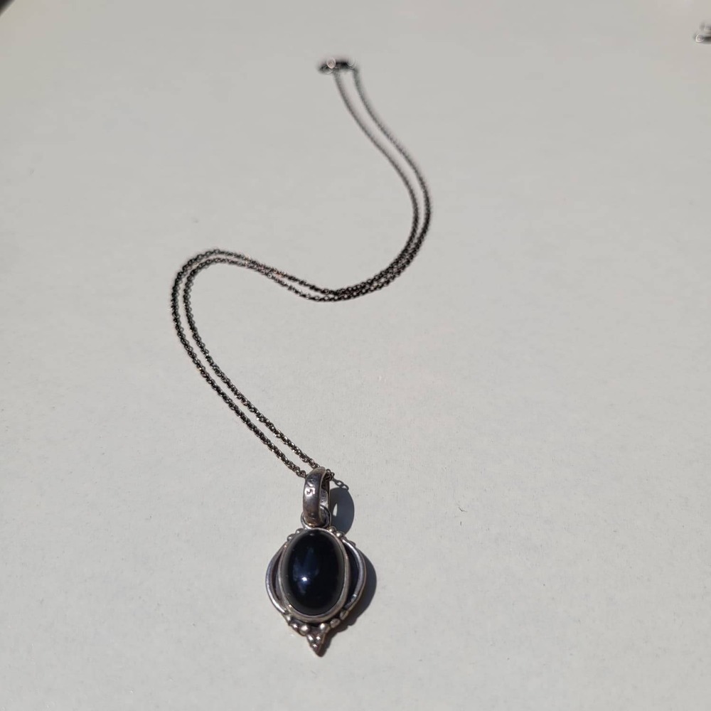 925 Sterling Silver Black Onyx Gothic Pendant Necklace Vintage Dark